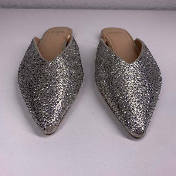 ZARA Metallic‎ Silver Rhinestone Embellished Pointed Toe Mule Flats Size 36 - Picture 5 of 11